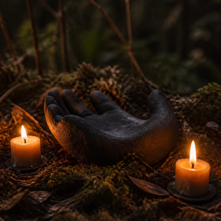 Ceremonial vessel beside softly glowing candles