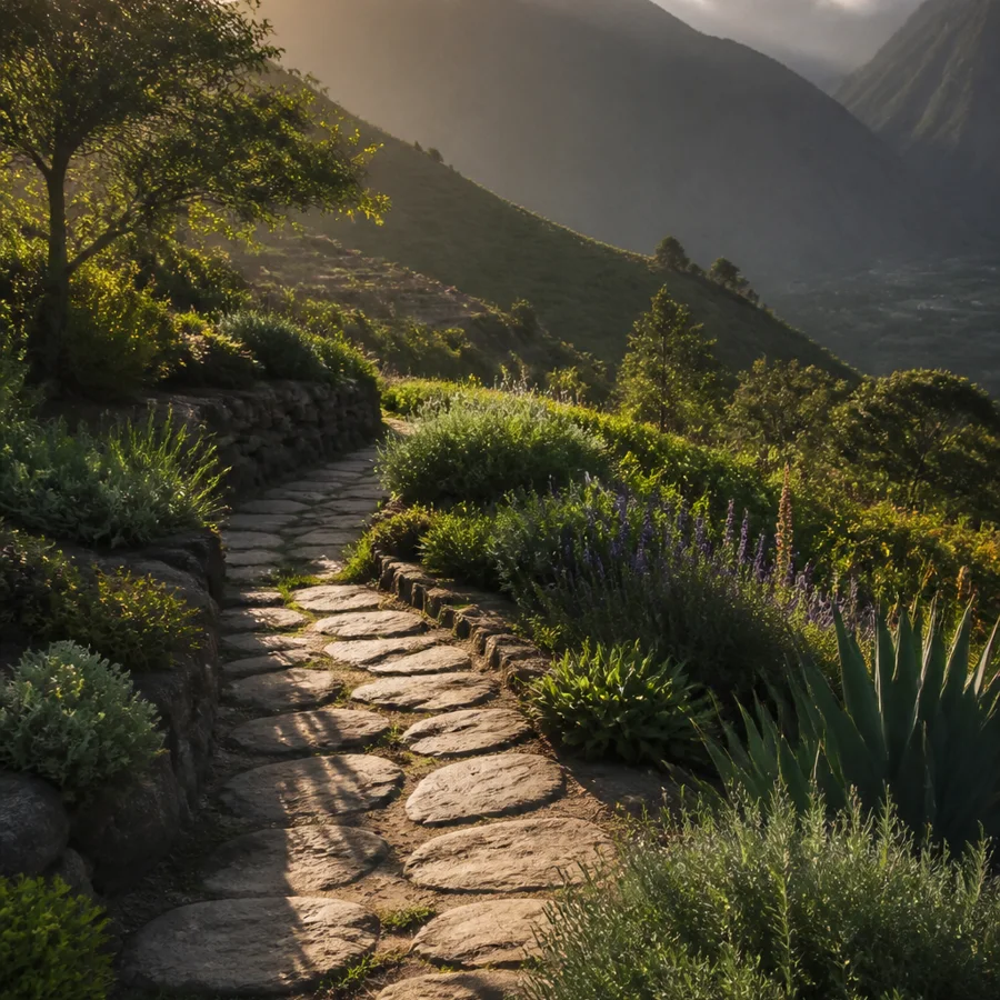 Stone path through a lush garden in the Sacred Valley