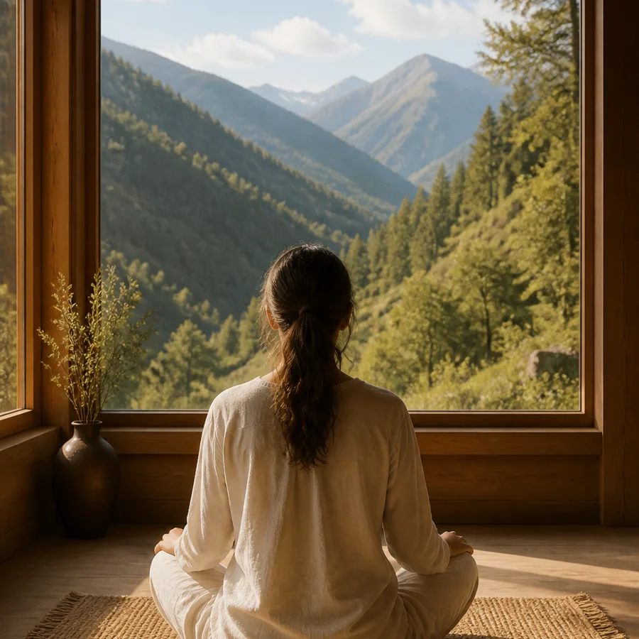 Woman meditating in a mountain lodge